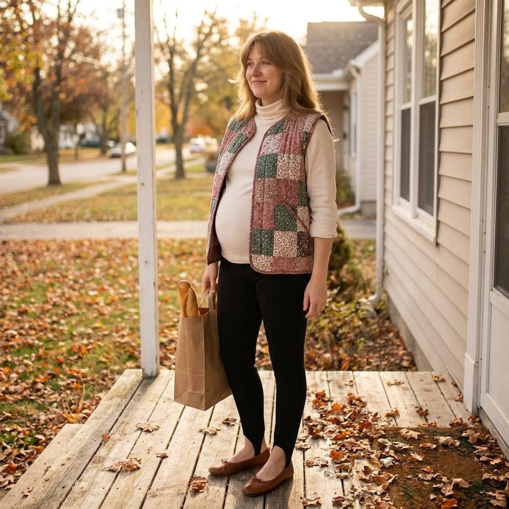 The Quilted Patchwork Maternity Vest Over a Turtleneck and Stirrup Pants