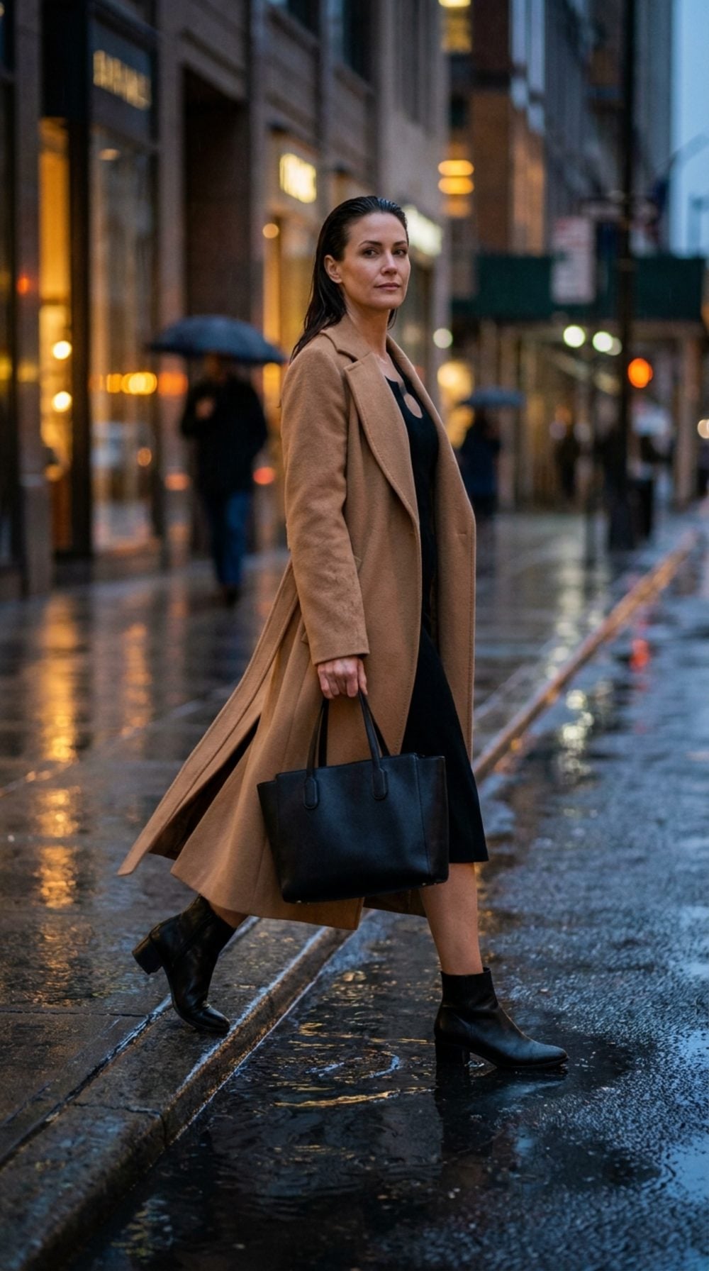 Rain-Slicked Confidence: A Camel Coat Over Black on a City Street That Knows Her Name