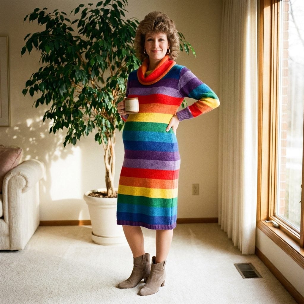 The Rainbow-Striped Maternity Sweater Dress with the Cowl Neckline That Turned You into a Human Mood Ring