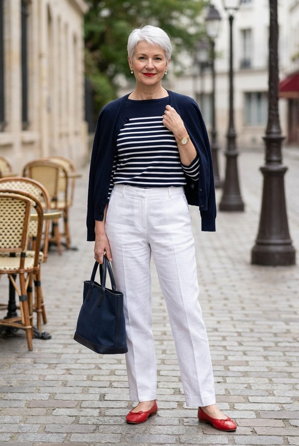 Red Ballet Flats Do All the Talking in a Navy-and-White Breton Formula