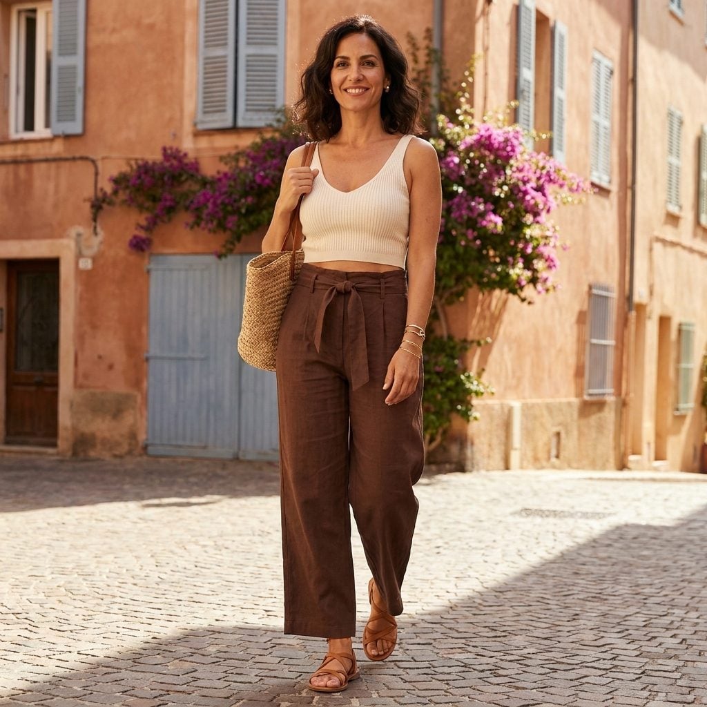 Ribbed Crop Top with High-Waisted Wide-Leg Pants and Strappy Flat Sandals