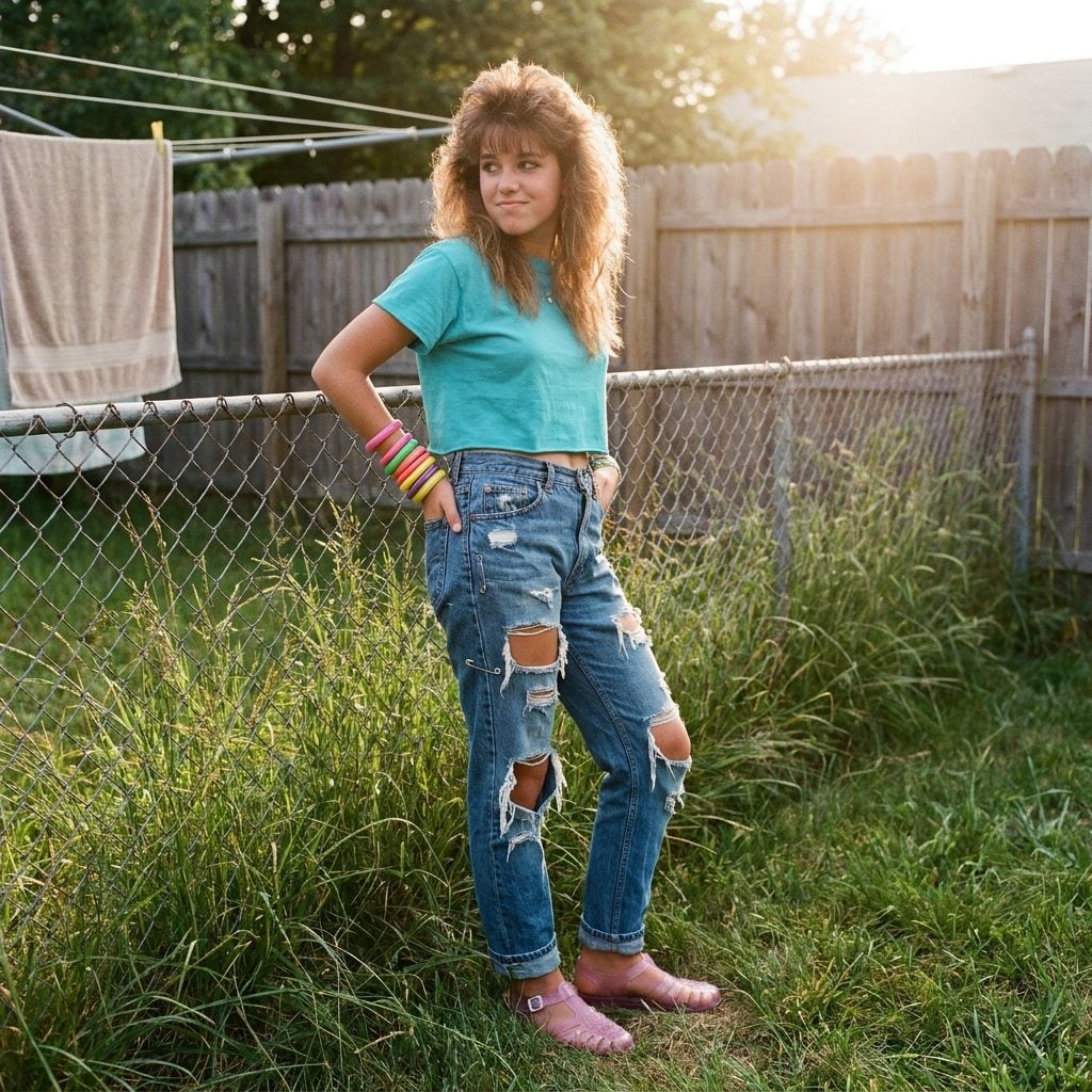 Ripped Jeans Safety-Pinned Back Together With a Crop Top and Jellies
