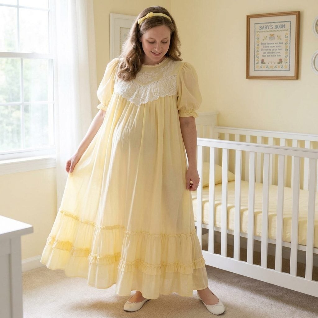 The Ruffled Pastel Yellow Maternity Nightgown-Style Dress With a Lace-Trimmed Yoke