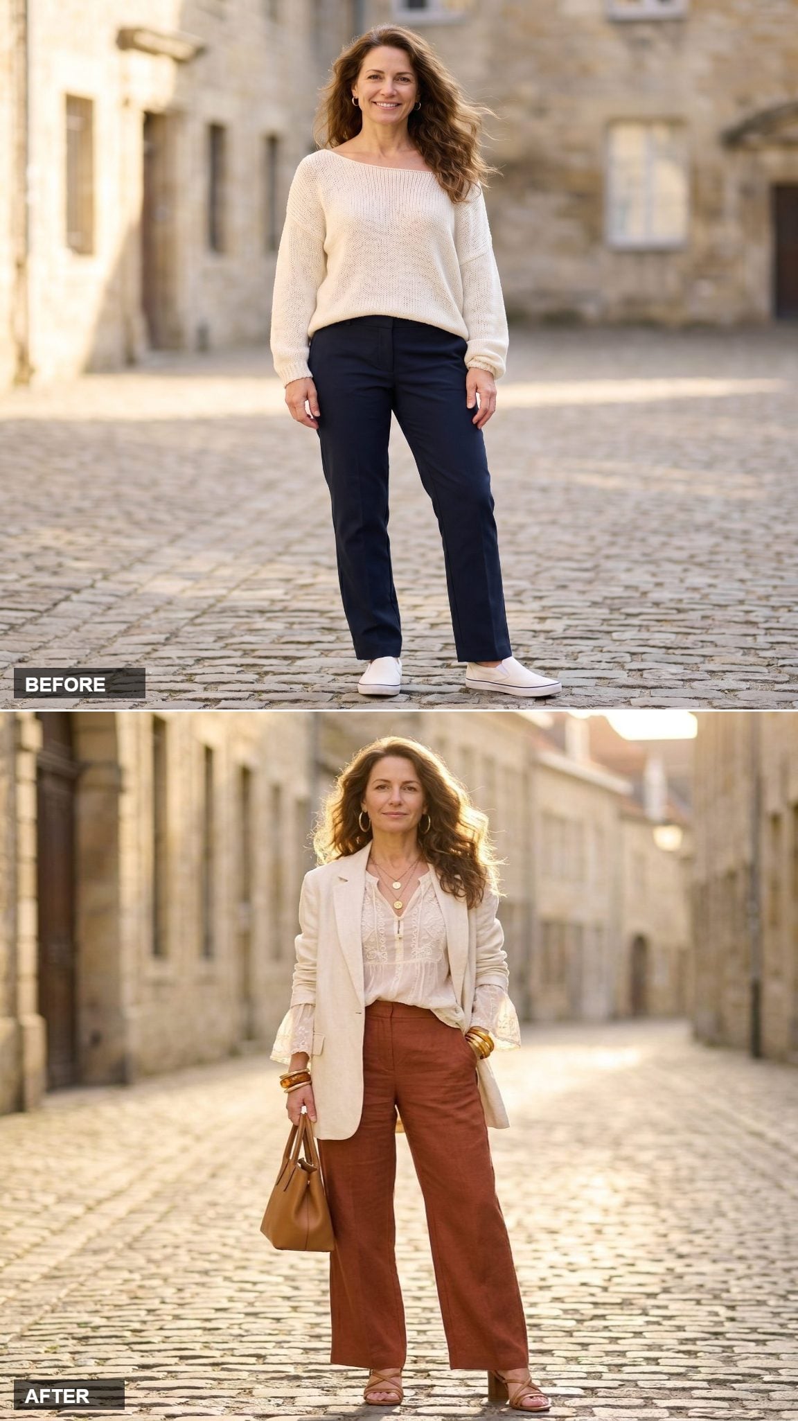 Rust Linen Trousers, a Loose White Linen Shirt, and Stacked Gold Cuffs: The Most Adult Version of Casual