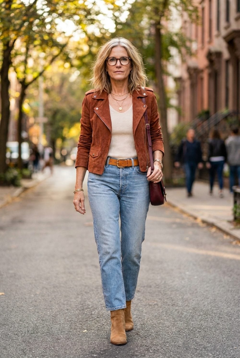 Rust Suede Moto Jacket Over a Ribbed Cream Tank Is the First Real Armor You Choose