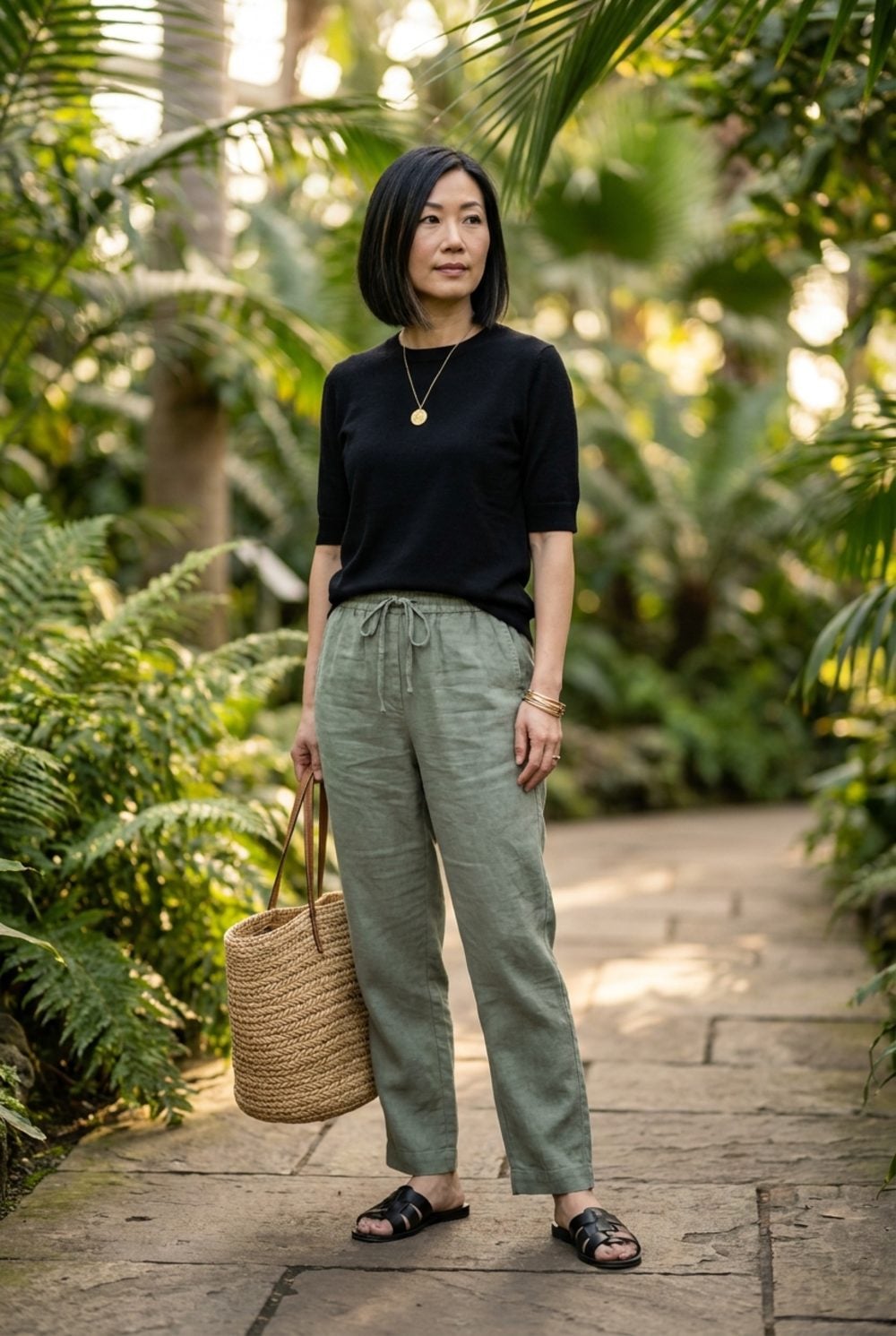 Sage Green Drawstring Linen and a Black Knit Top: Weekend Uniform, Sorted