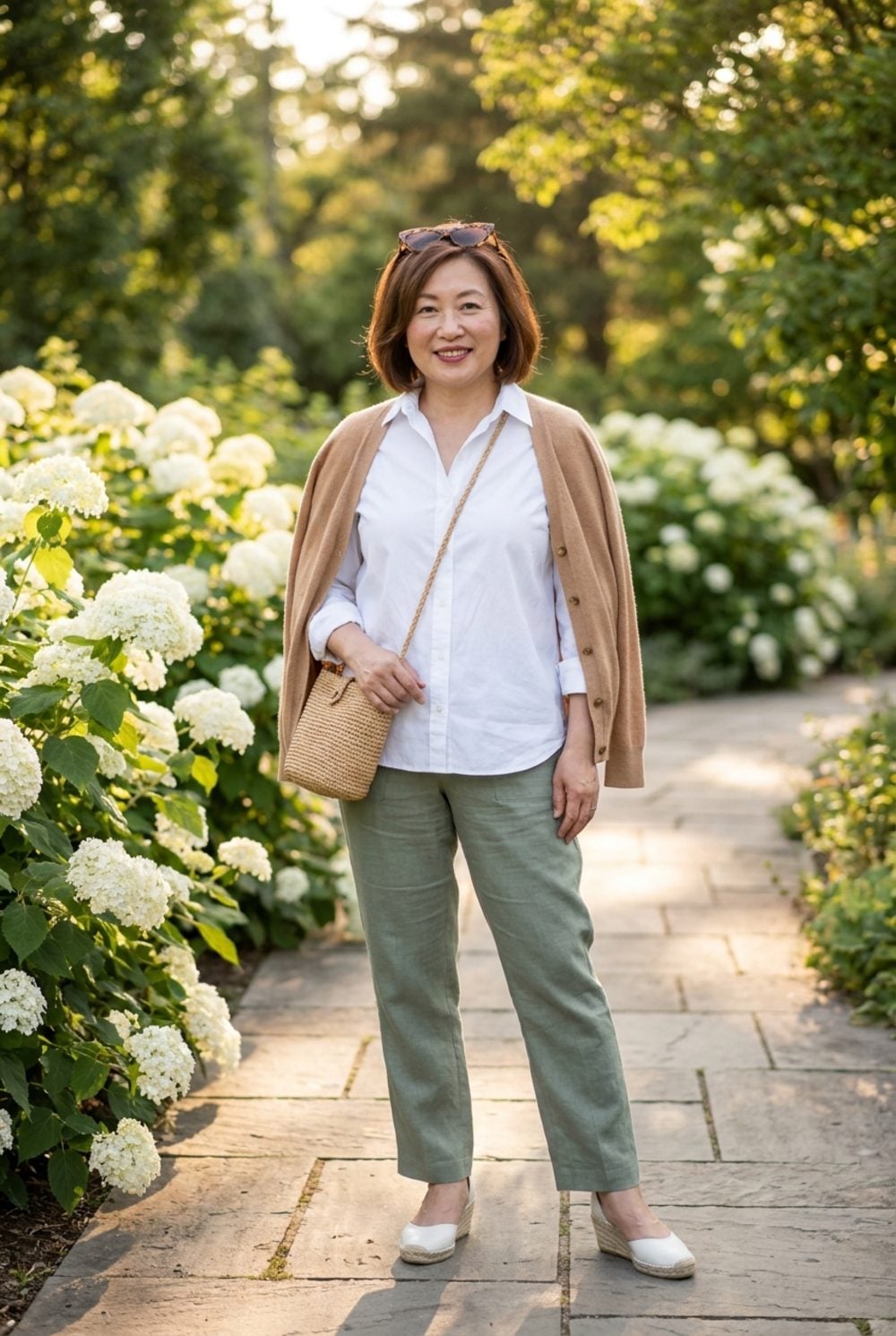 Sage Green Linen and a Camel Cardigan Draped Over the Shoulders? That's the Formula
