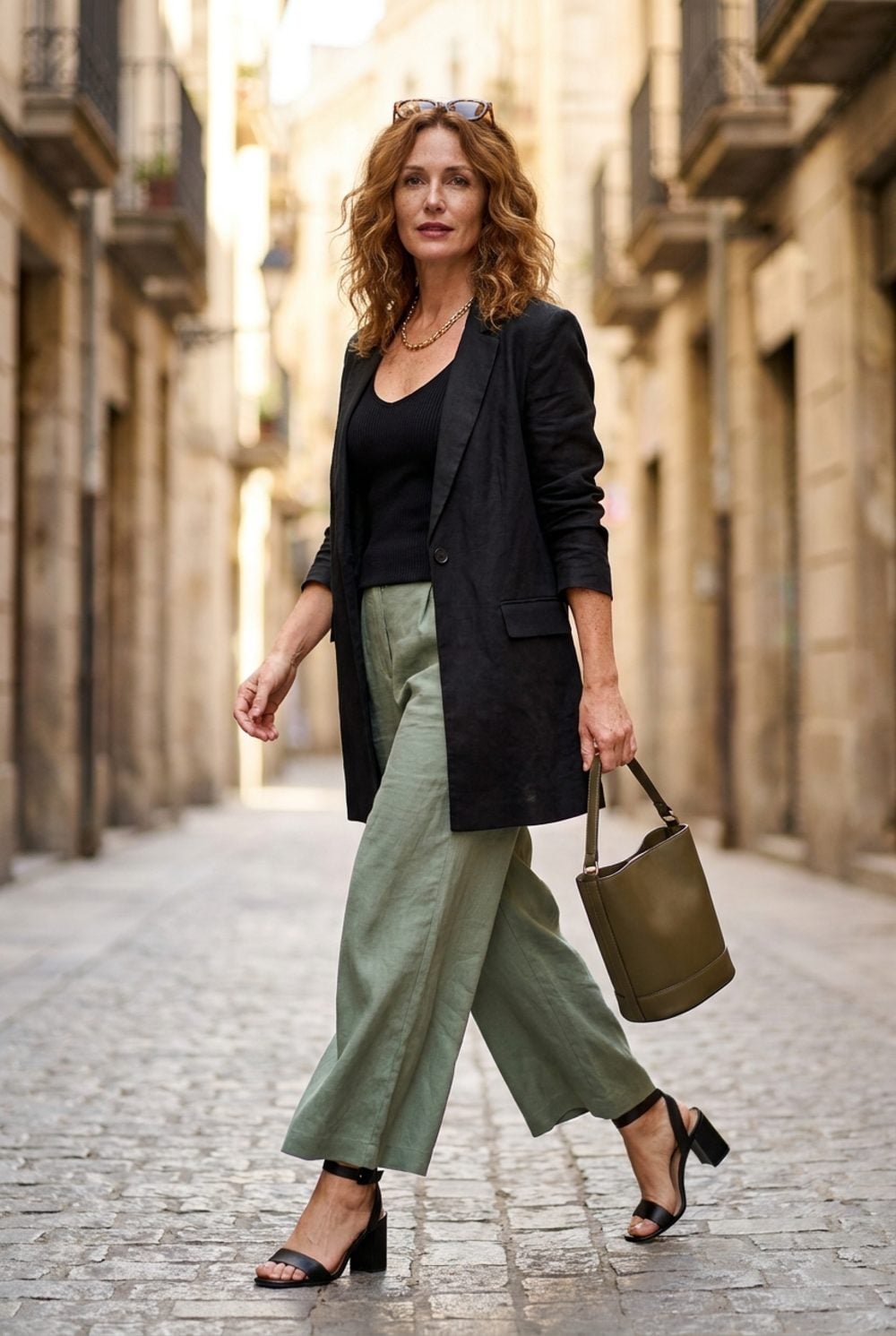 Sage Green Wide-Leg Linen Against an Elongated Black Blazer: Proportion Done Right