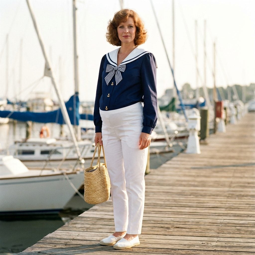 The Sailor-Collar Maternity Blouse in Navy and White, Gold Buttons and All