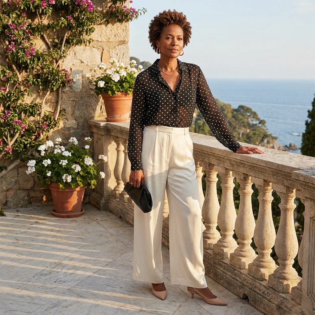 Sheer Fitted Blouse Tucked into Wide-Leg Silk Trousers with Kitten-Heel Slingbacks