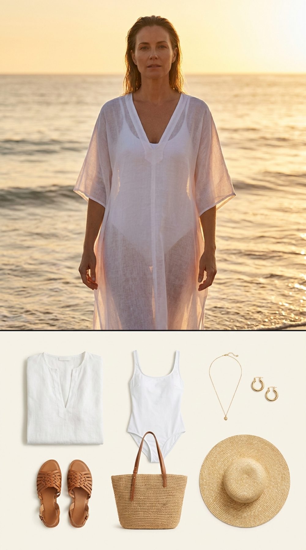 The Sheer White Linen Kaftan at Golden Hour, Shoreline, Eyes Glistening