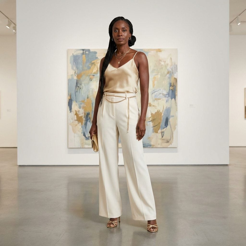 Silk Camisole Tucked In with a Delicate Chain Belt and Strappy Heeled Mules