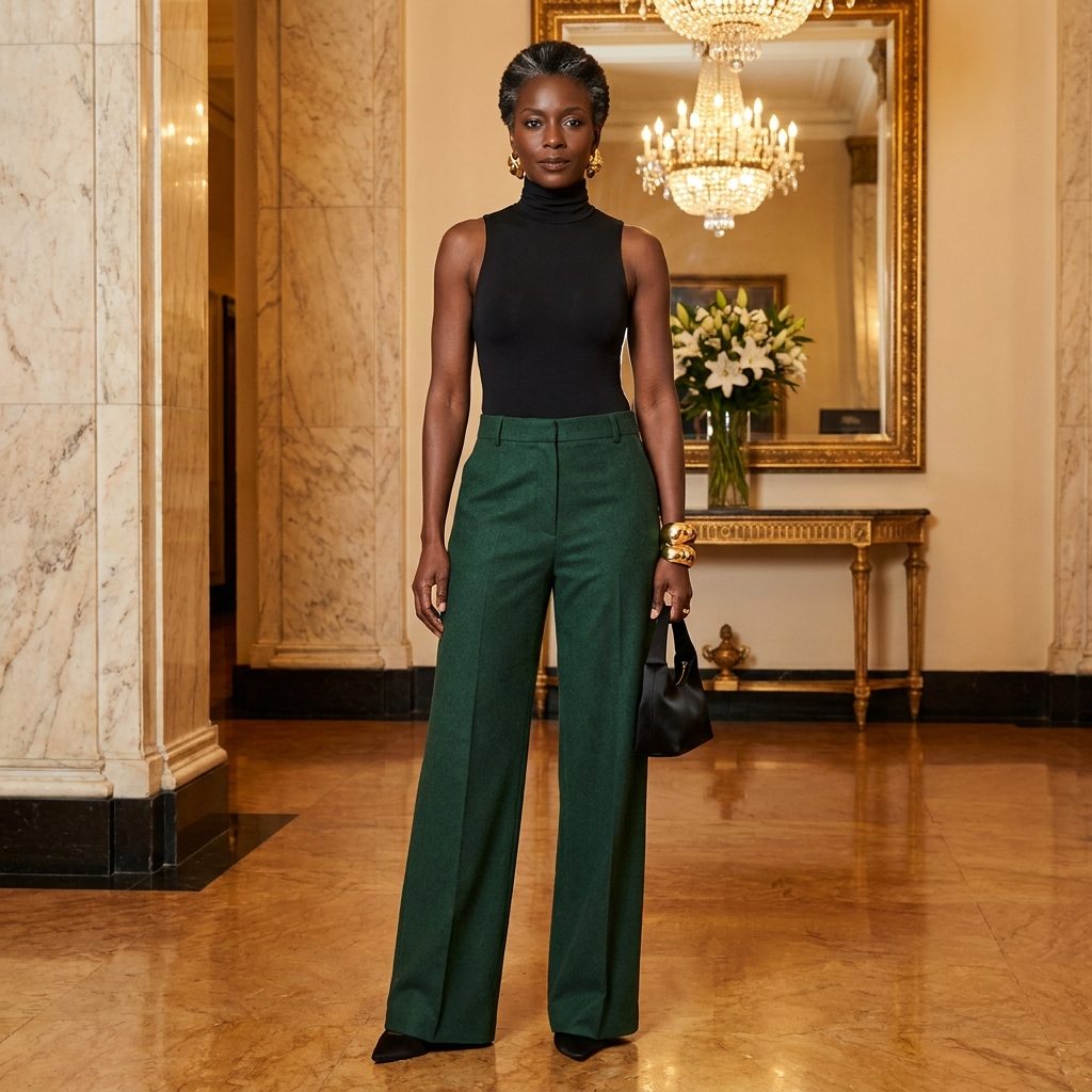 Sleeveless Turtleneck Bodysuit with Slingback Kitten Heels and Wide-Leg Trousers