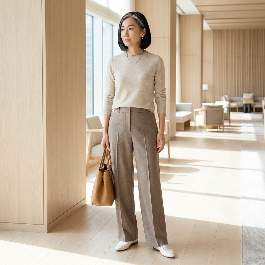 Slim Fitted Crewneck in a Tonal Neutral with Clean White Loafers and Wide-Leg Pants
