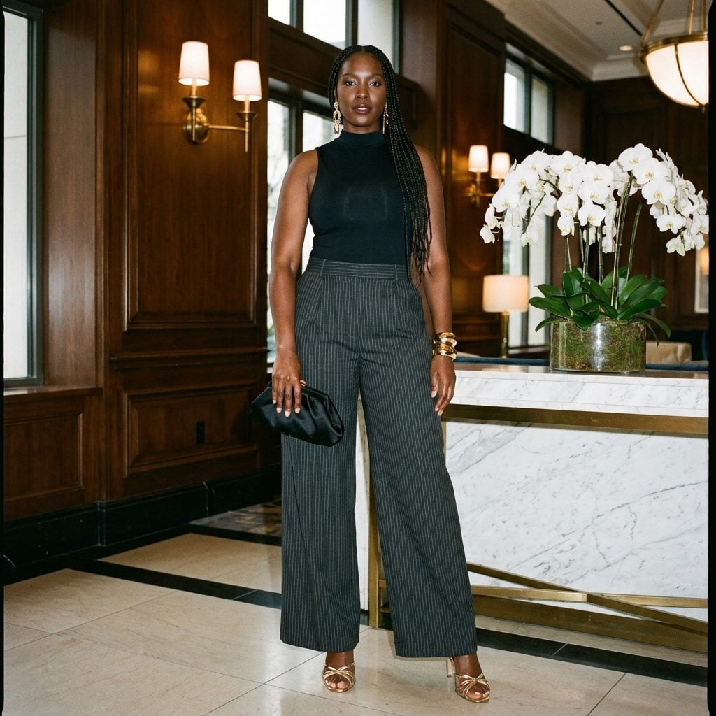 Slim Mock-Neck Bodysuit with Metallic Heeled Sandals and Wide-Leg Trousers