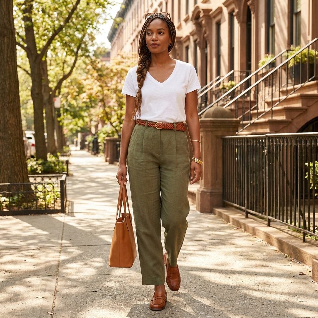 Slim V-Neck Fitted Tee French-Tucked with Cognac Leather Loafers