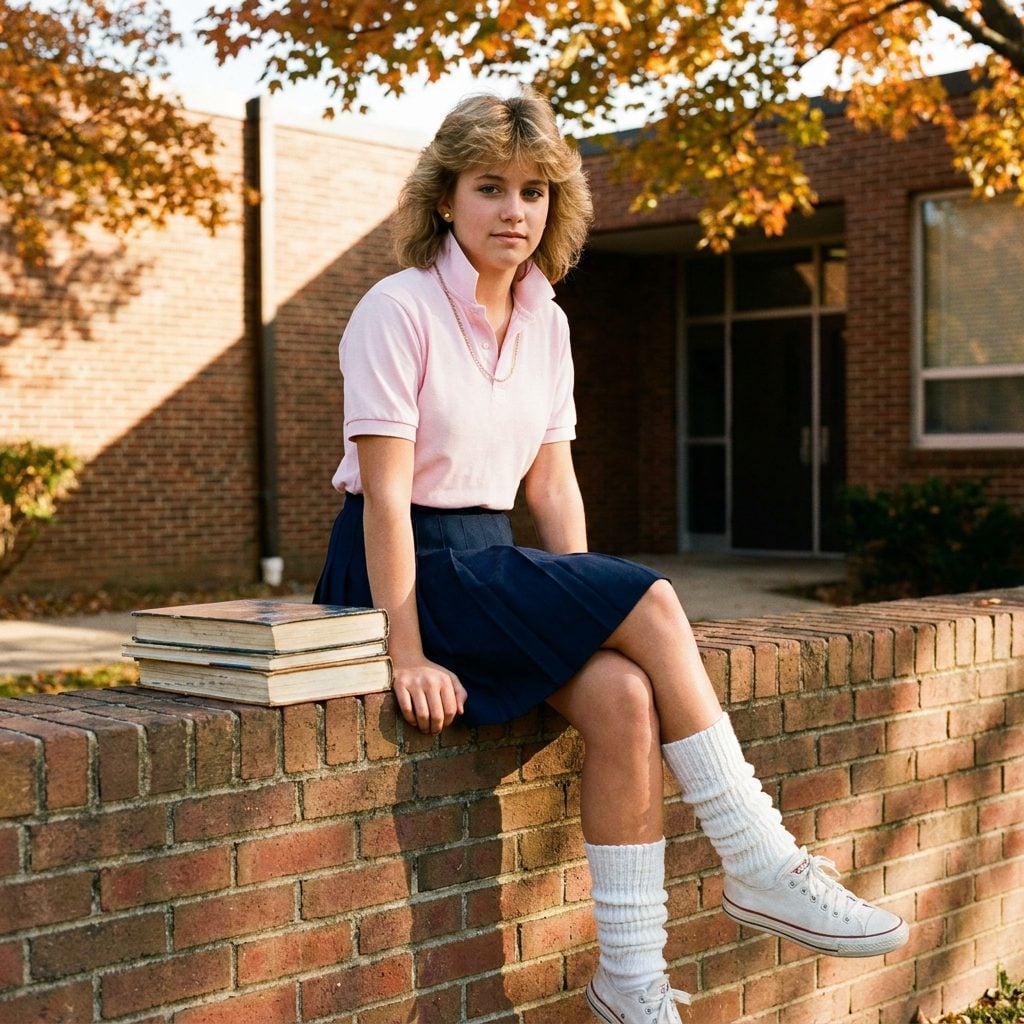 Slouchy Socks Scrunched Deliberately Over Canvas Sneakers With a Pleated Skirt