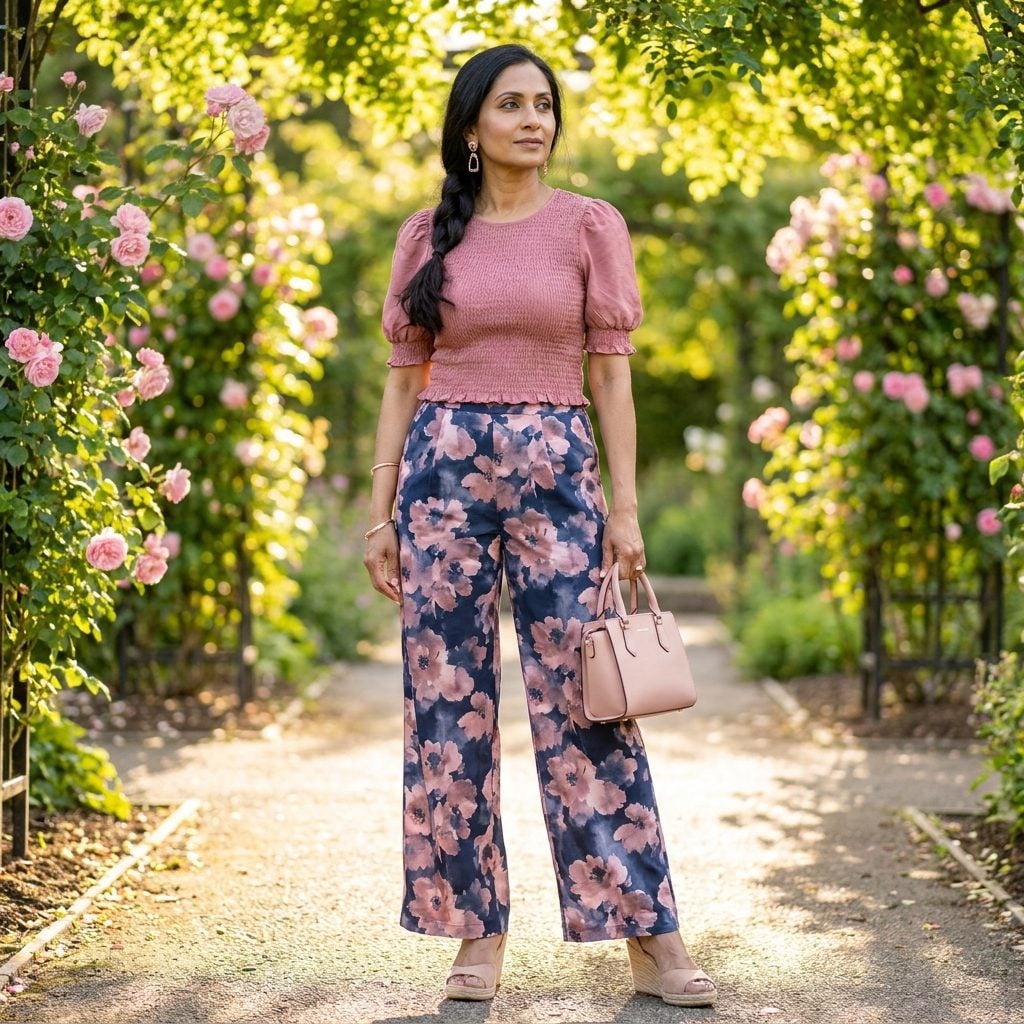 Smocked Fitted Bodice Top with Wedge Heels and Wide-Leg Floral Print Trousers