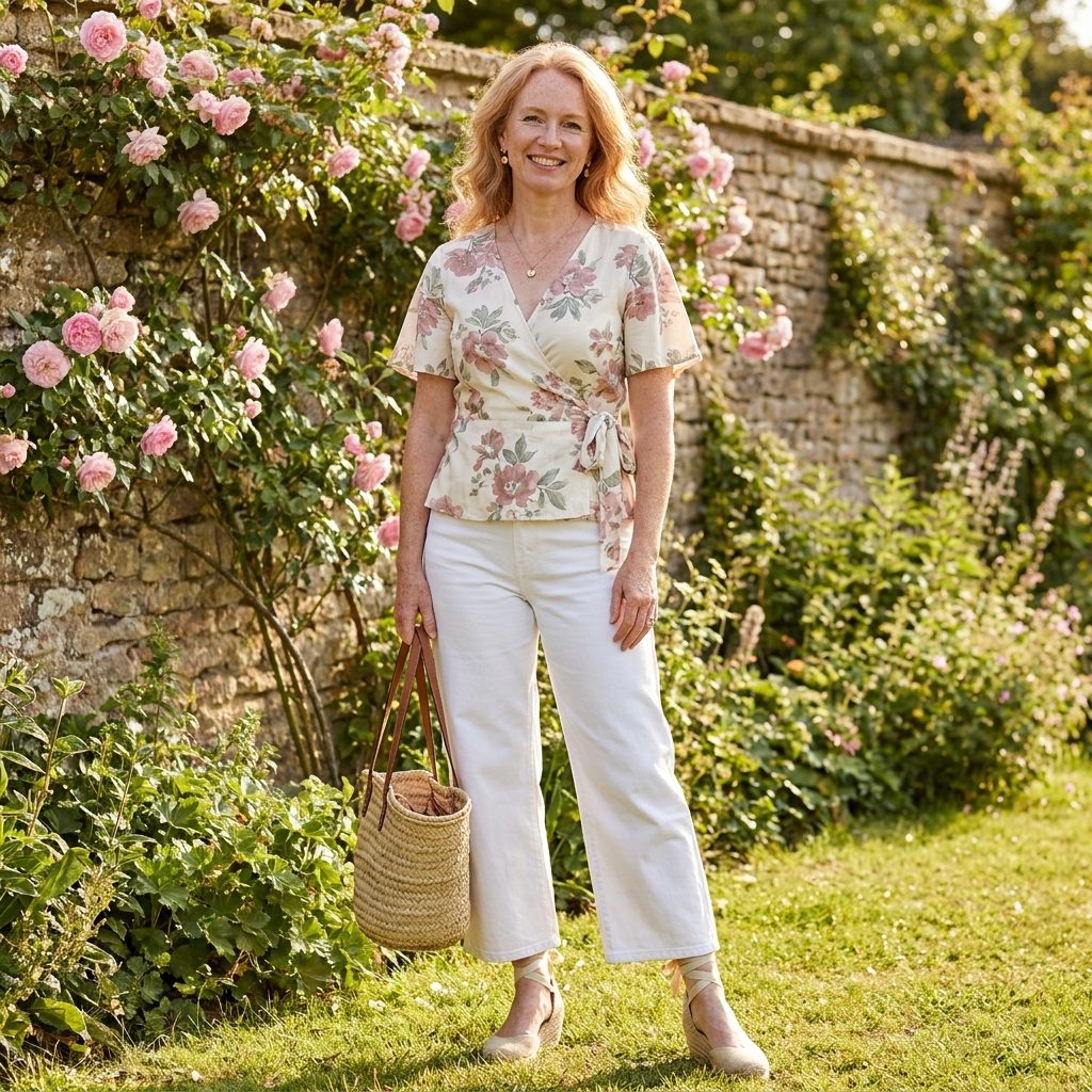 Soft Floral Wrap Top with Wedge Espadrilles and Wide-Leg White Pants