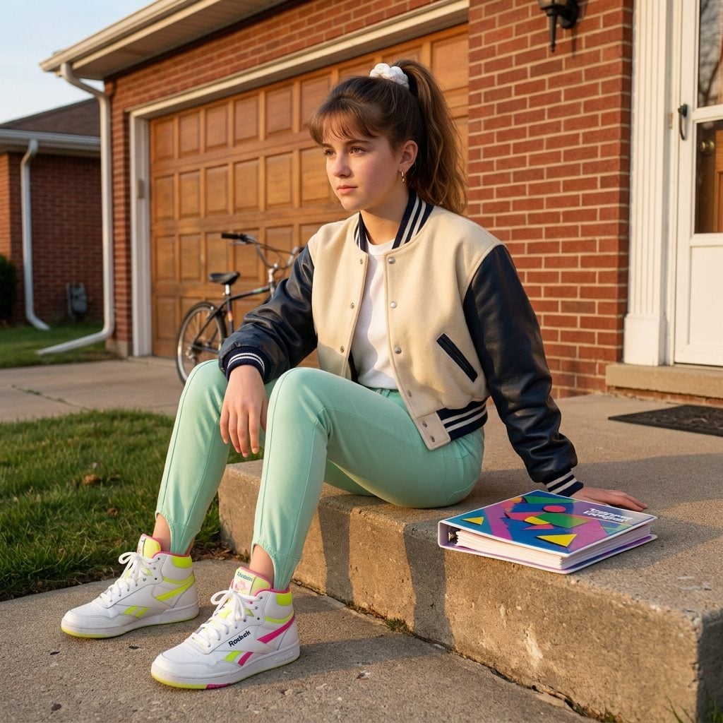 Stirrup Pants in Pastel Mint With a Cropped Varsity Jacket and High-Top Sneakers