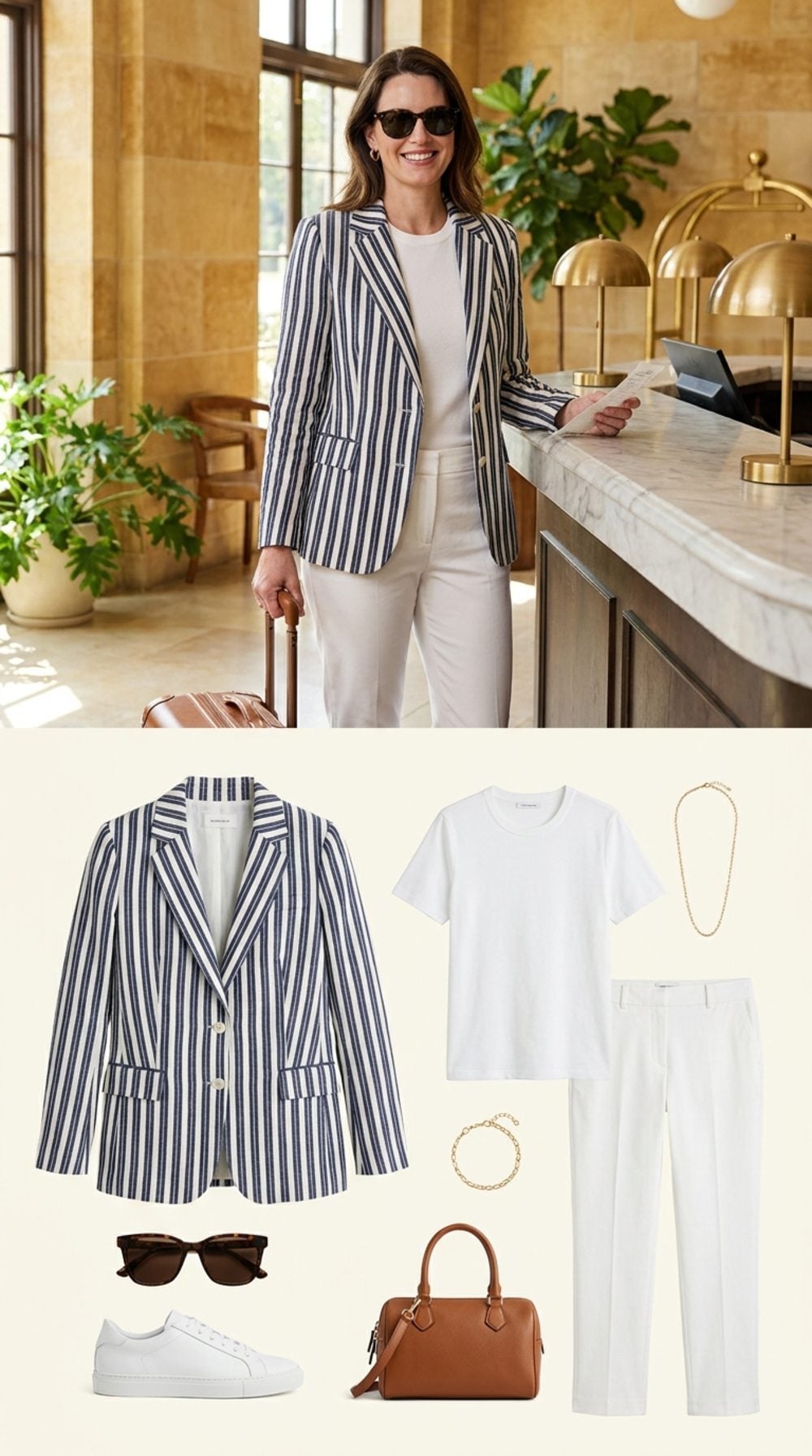 The Stripe Linen Blazer Again, Checking Out of the Boutique Hotel She Chose