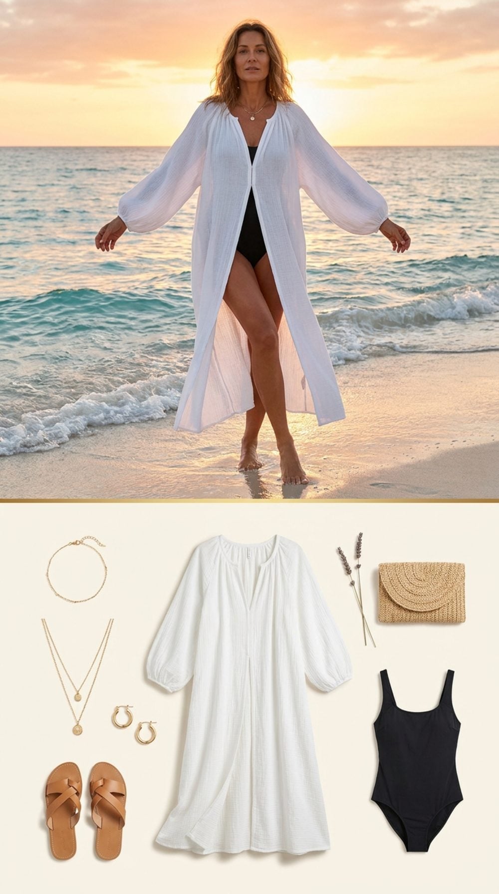The Sunset Kaftan Moment: White Gauze at the Water's Edge, Arms Open, Nobody to Answer To