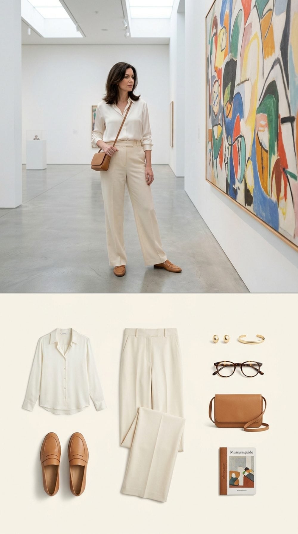 Tailored Cream Trousers with Ivory Silk Blouse: The Museum Afternoon She Chose for Herself