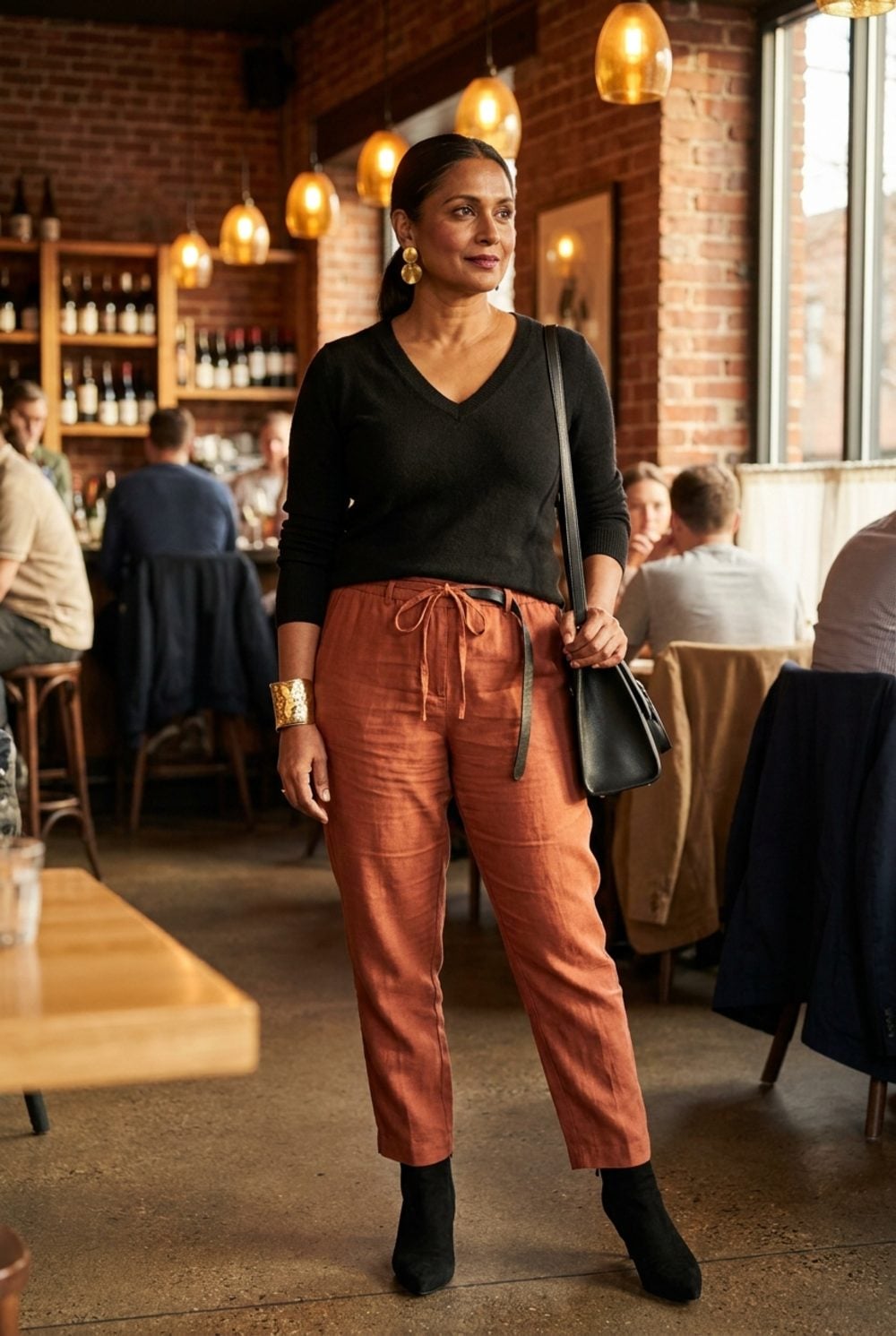 Terracotta Drawstring Linen and a Black V-Neck: Dinner Dressing Without the Fuss
