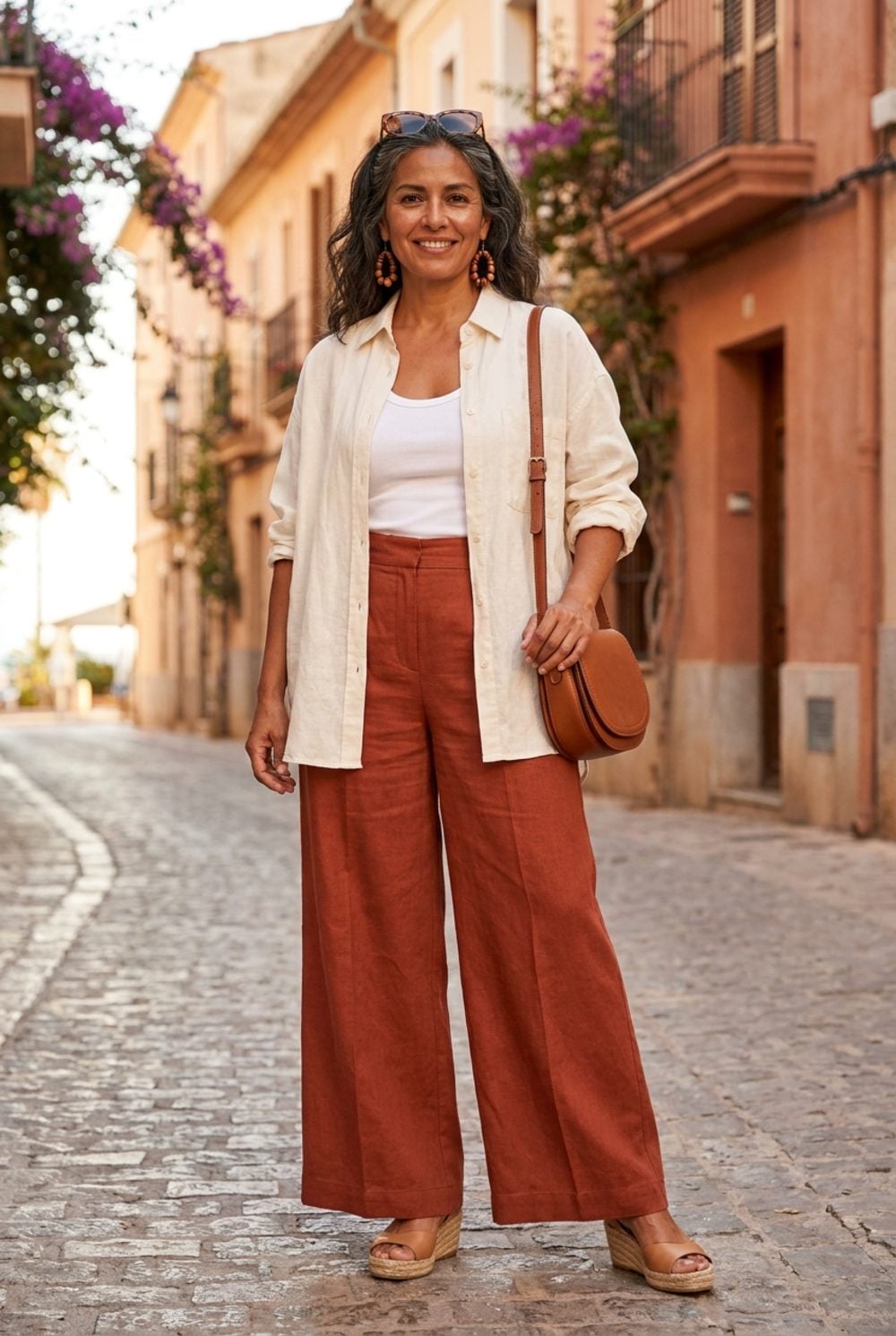 Terracotta Wide-Leg Linen and an Unbuttoned Cream Shirt Own the Cobblestones