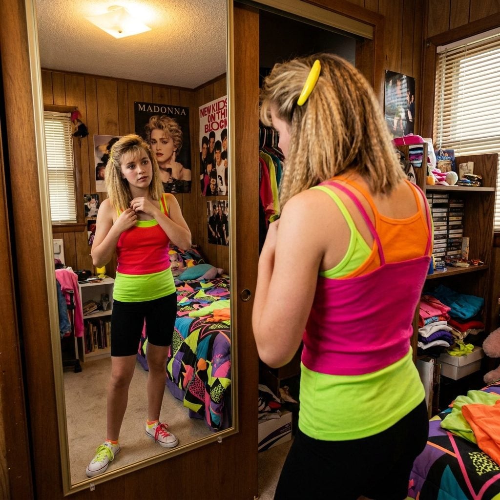 Three Neon Tank Tops Layered All at Once Over Bike Shorts