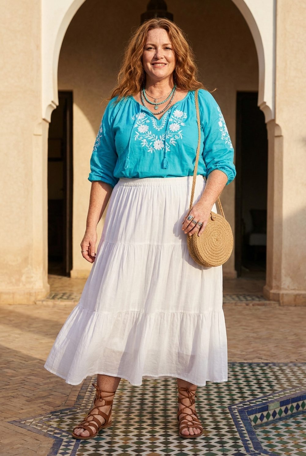 Turquoise Embroidered Peasant Blouse with White Tiered Maxi Is Vacation You Earned