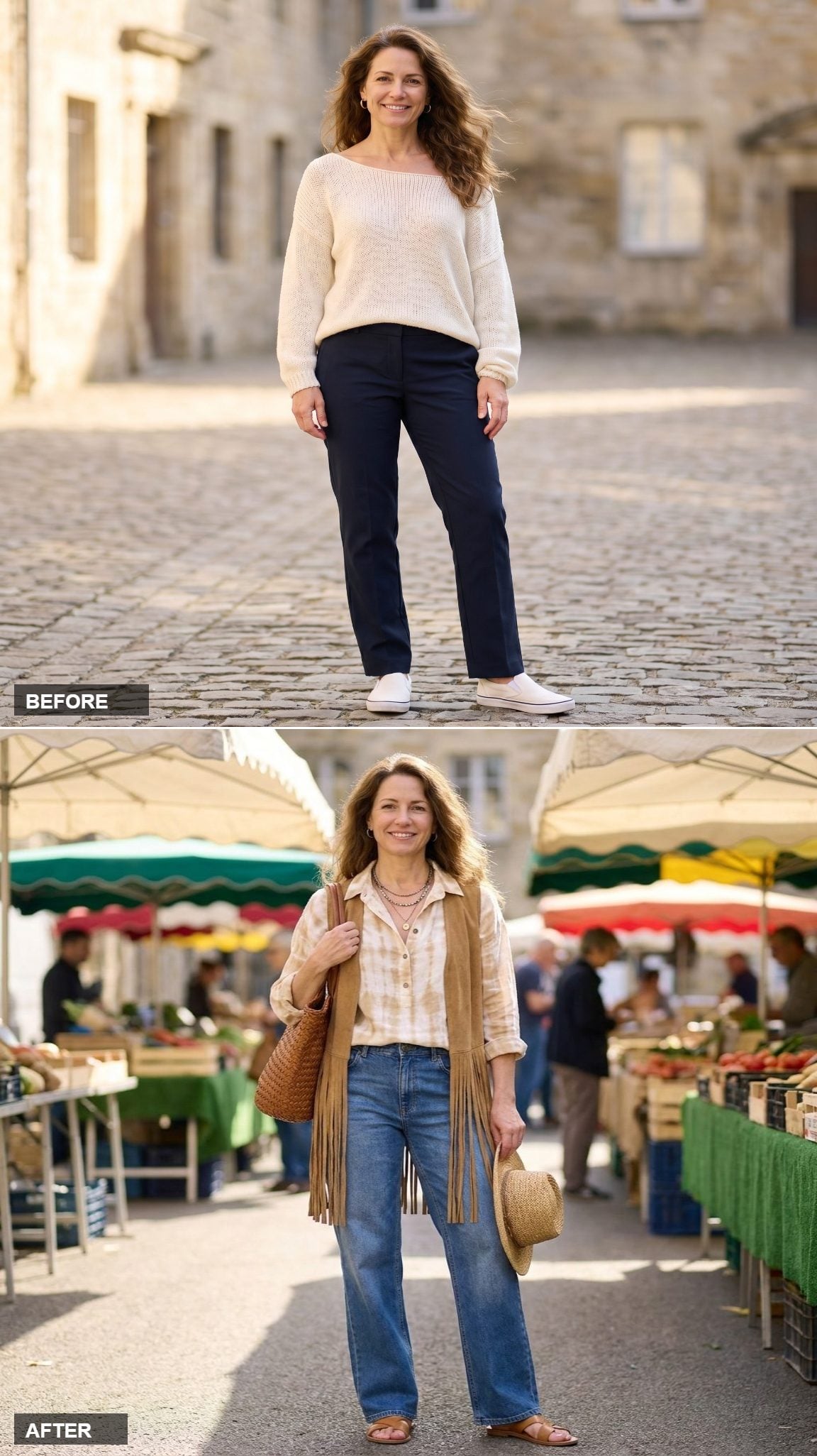 Vintage-Wash Wide-Leg Jeans, Tie-Dye Linen Blouse, and a Tan Suede Fringe Vest