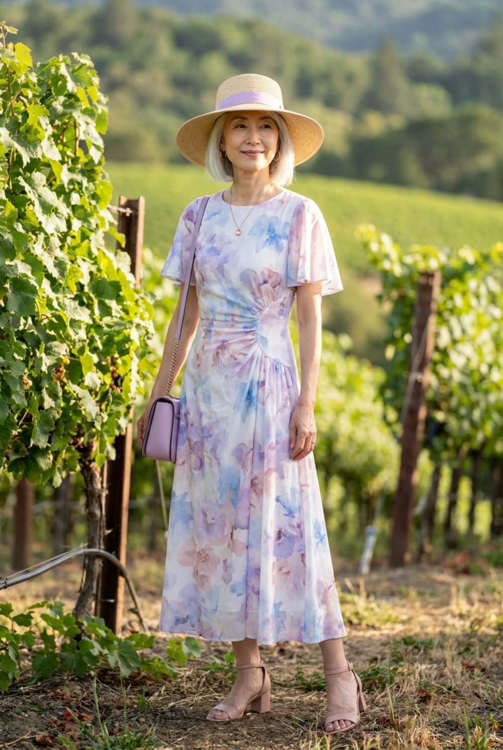 Watercolor Florals in Lavender and Soft Blue, Standing in a Vineyard Like a Promise Kept