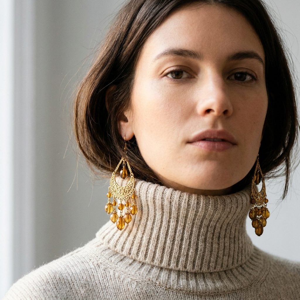 Wearing Chandelier Earrings with a Turtleneck That Visually Crowds the Entire Neck Area