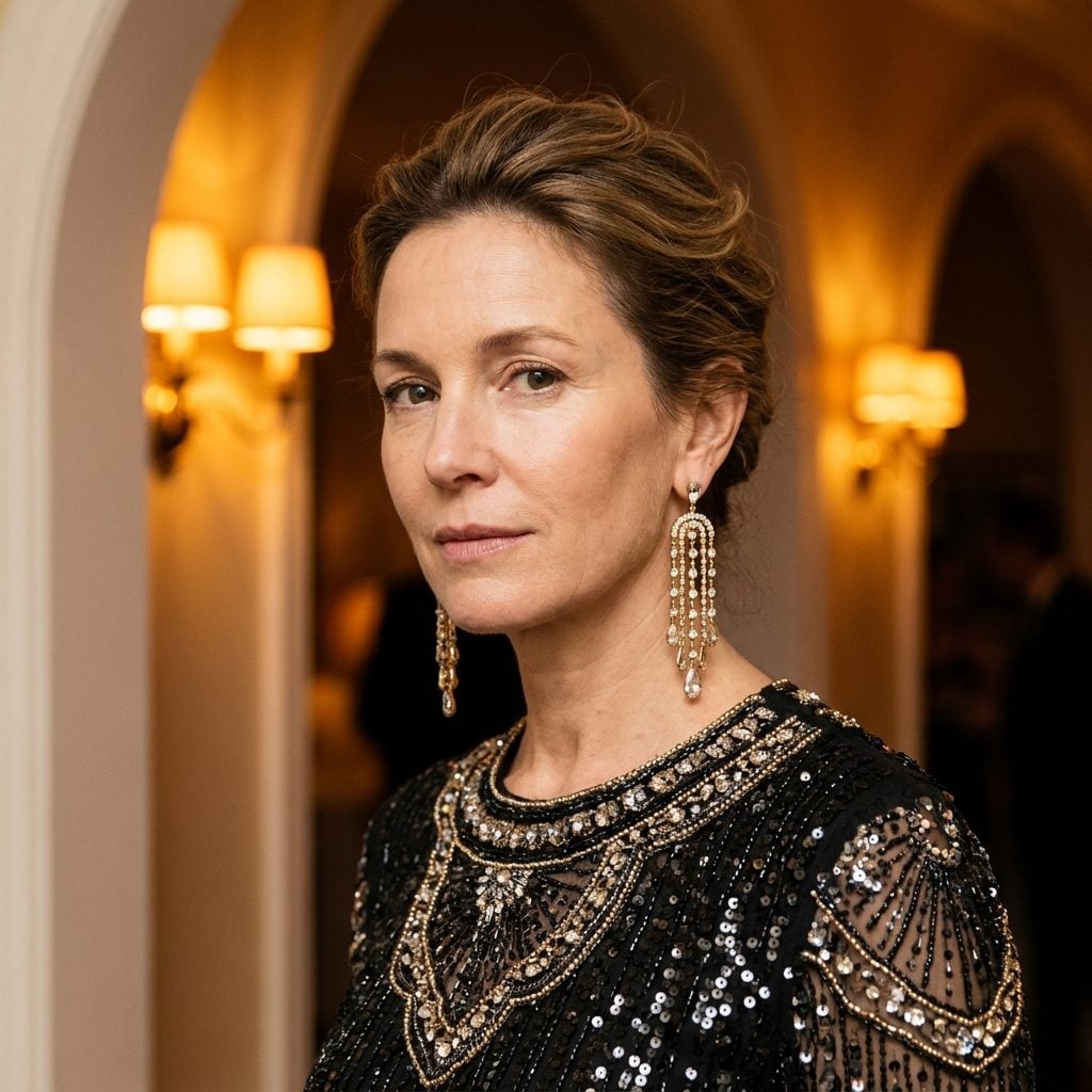 Wearing Long Dangly Earrings with a Heavily Embellished Neckline at the Same Time
