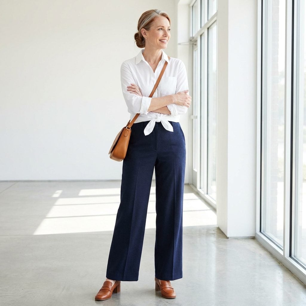 White Button-Down Knotted at the Waist with Block-Heel Loafers and Wide-Leg Trousers