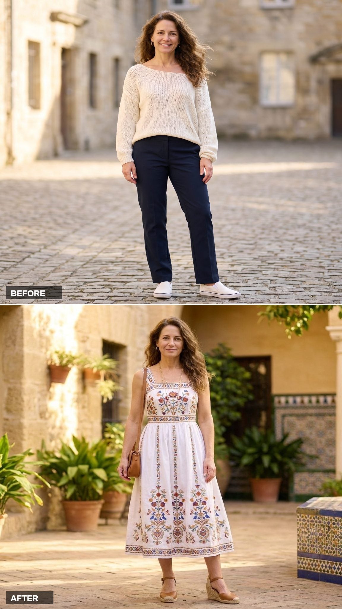 White Cotton Midi Dress With Folk-Art Embroidery in Rust, Cobalt, Gold, and Sage