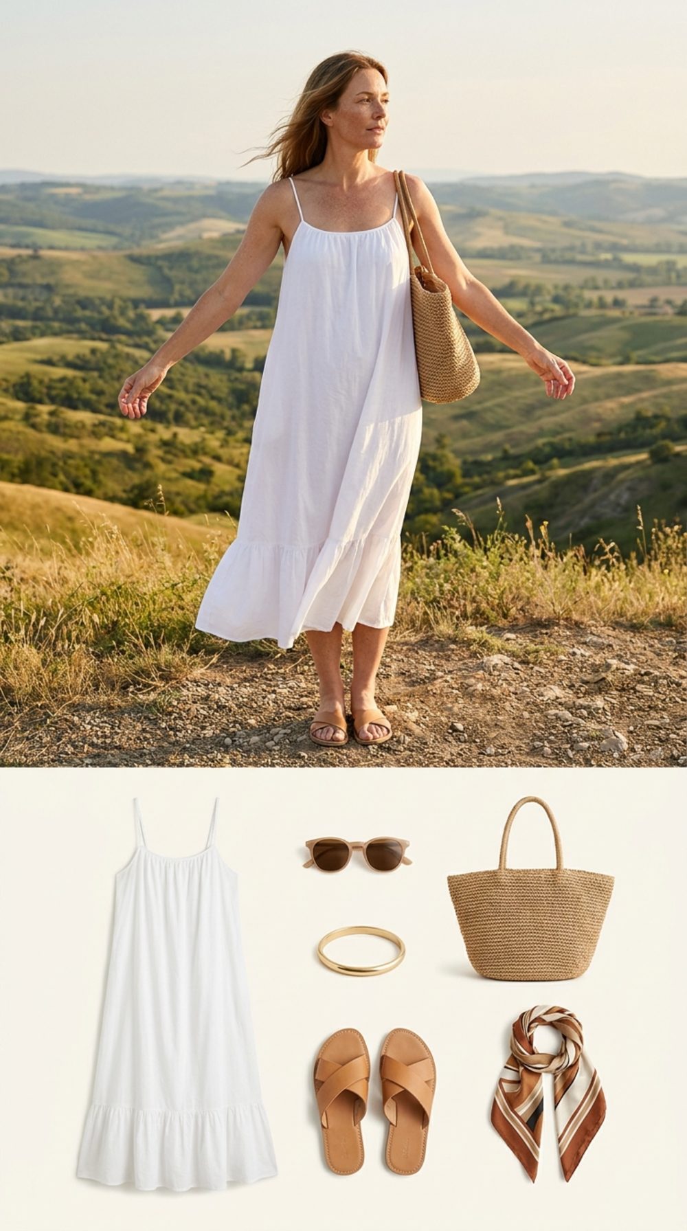 The White Cotton Midi Dress with Thin Straps at the Hilltop Overlook