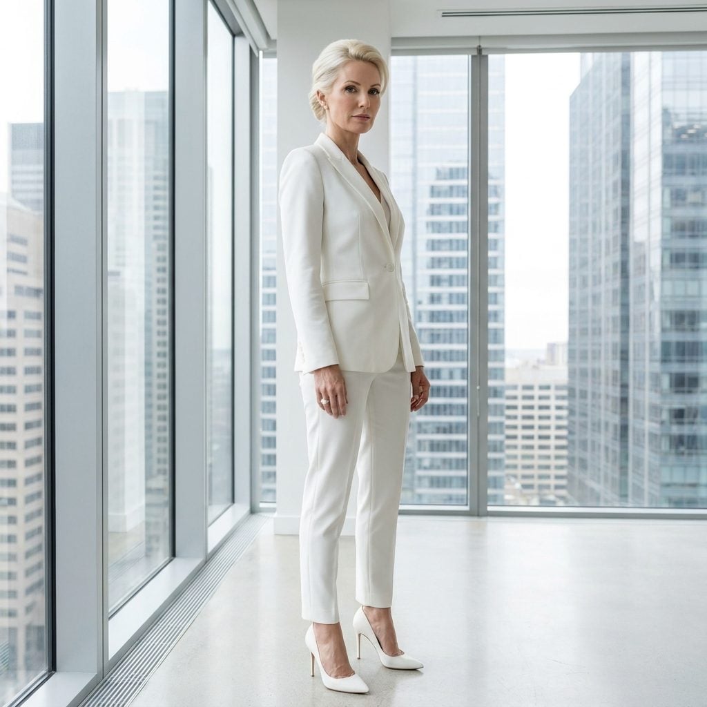 White Crepe Blazer, Cigarette Trousers, Stilettos, and a Single Pearl Ring Against a Glass-Walled Skyline: The All-White