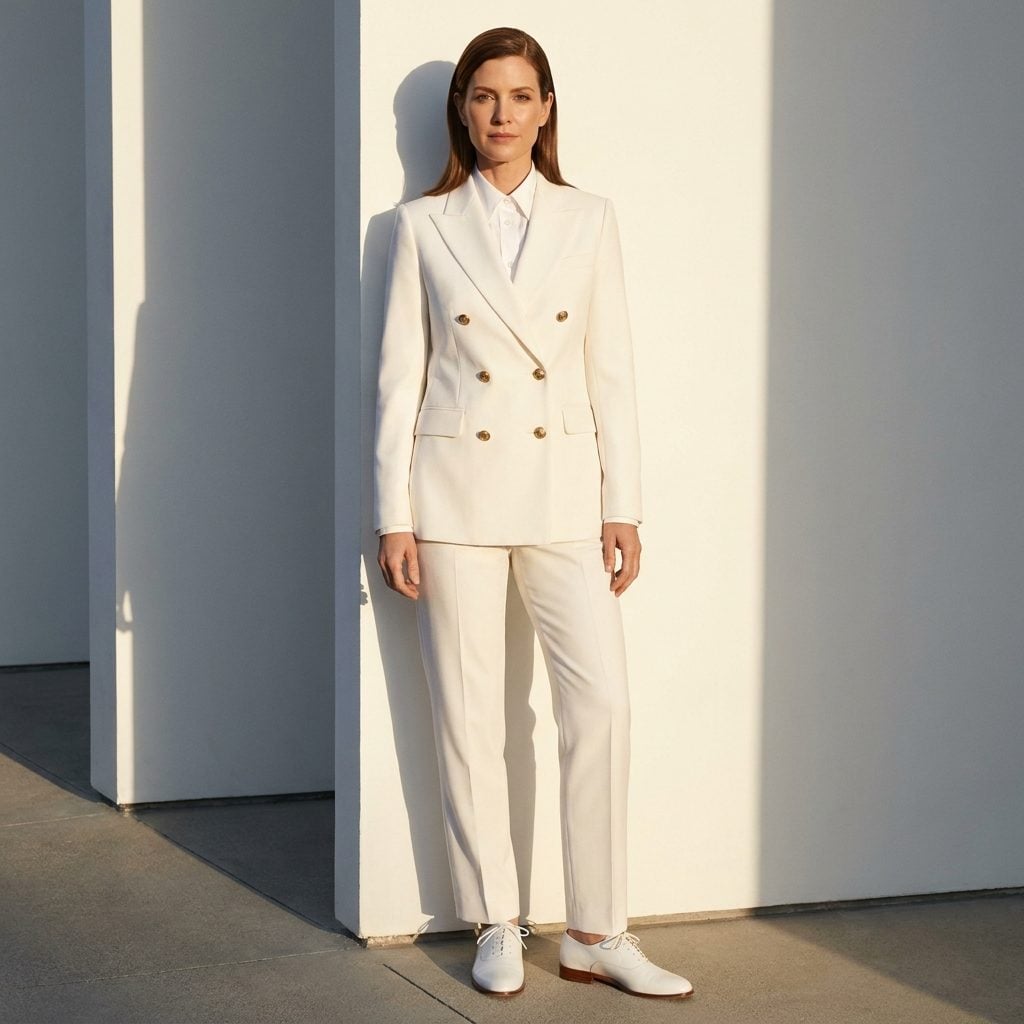 A White Double-Breasted Power Suit with Gold Buttons and Oxford Shoes Needs Zero Jewelry to Make the Statement