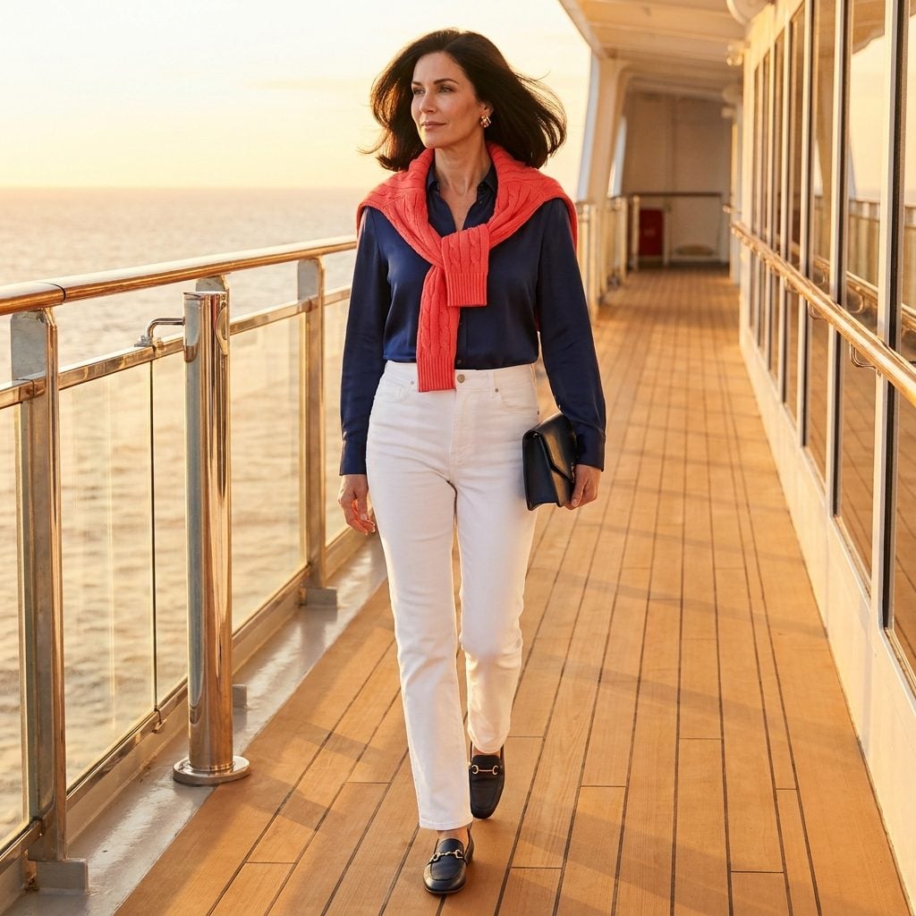 White Jeans With a Colorful Knit Sweater Draped Over the Shoulders Like You Owned the Yacht
