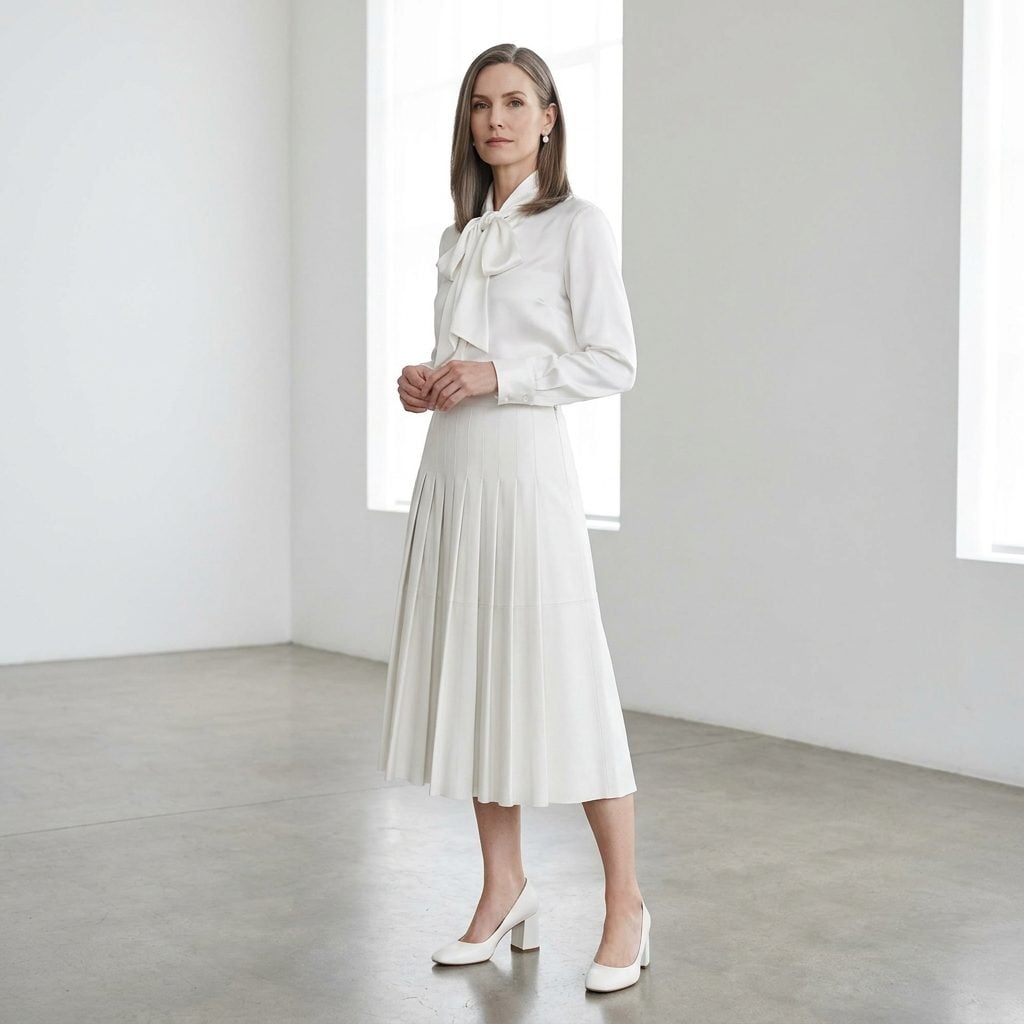White Leather Midi Skirt, Satin Bow-Collar Blouse, and Pearl Studs in a Gallery Interior Shows How Texture Contrast Saves an