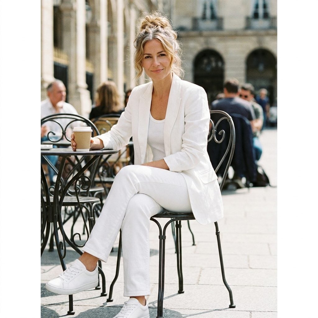 White Linen Blazer Over a Ribbed Tank, Straight-Leg Denim, and Leather Sneakers at a Café Makes the Case That All-White