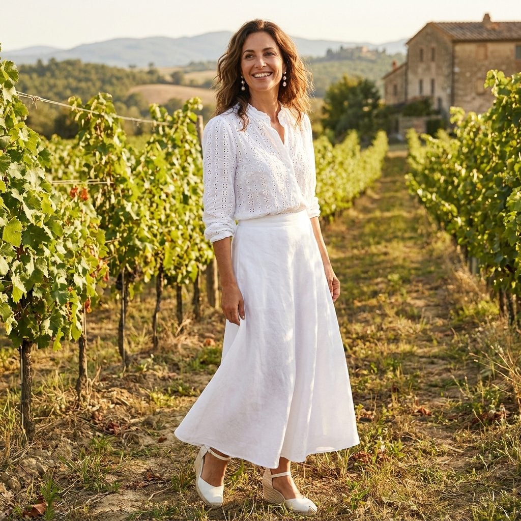 White Linen Midi Skirt, Broderie Anglaise Blouse, Espadrille Wedges, and Pearl Drops in a Vineyard: Daytime White With