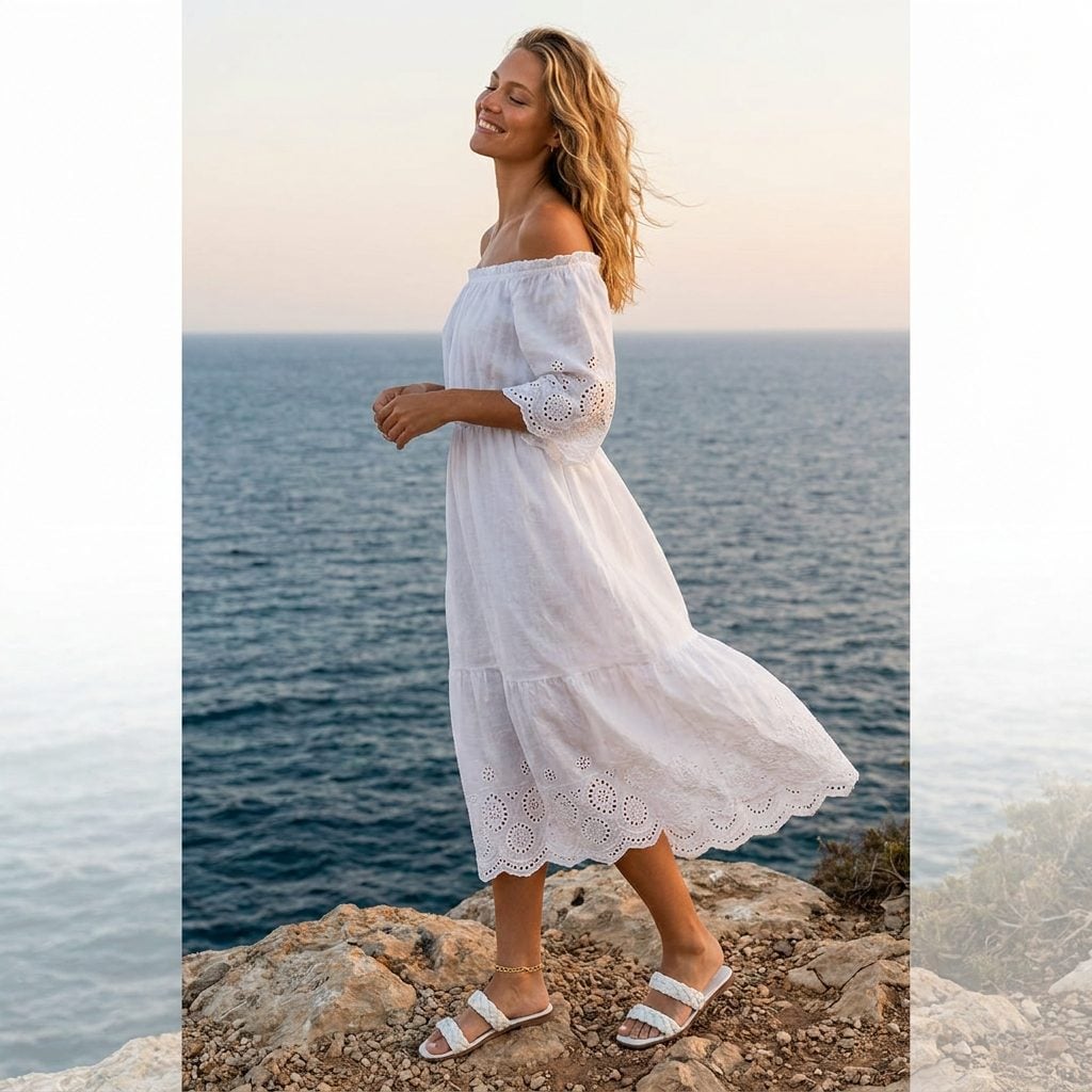 A White Off-the-Shoulder Linen Midi Dress with Eyelet Trim on a Cliff Above the Ocean Isn't Styling, It's a Statement About