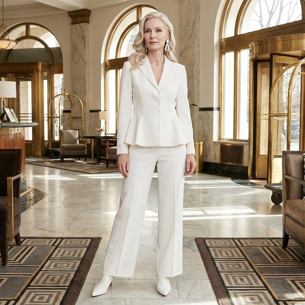 A White Peplum Blazer Over Wide-Leg Trousers and Geometric Drop Earrings Turn All-White Into Architecture