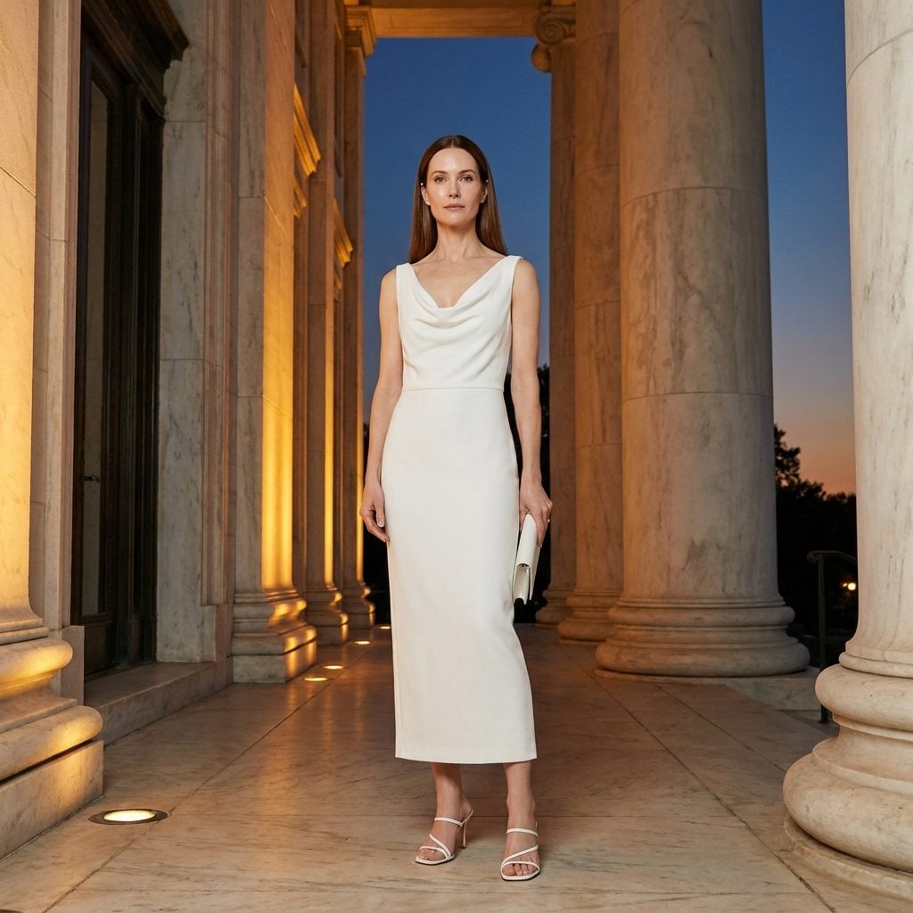 White Sherpa-Trim Tailored Coat Over a Knit Turtleneck Dress and Knee-High Boots on a Snowy Sidewalk Closes the All-White