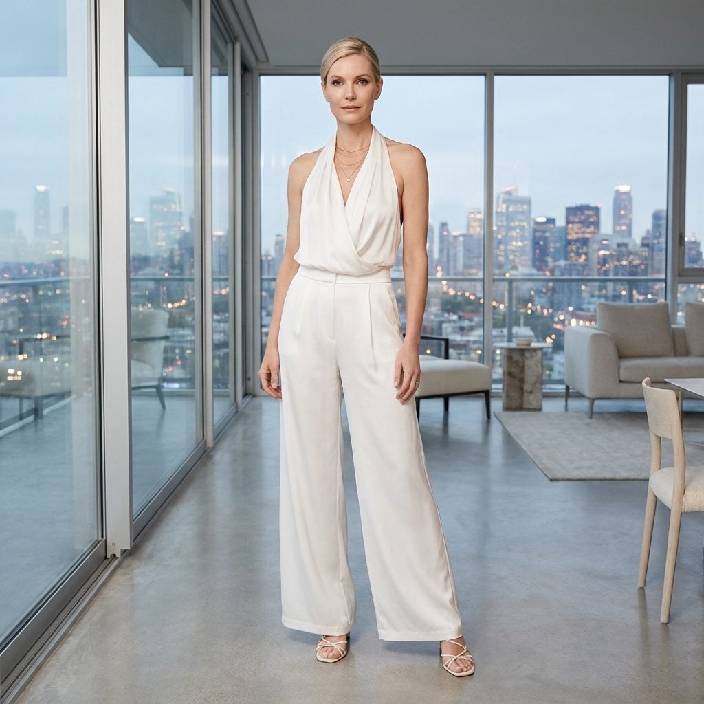White Silk Palazzo and a Draped Halter Top Prove That Head-to-Toe Ivory Can Read Penthouse, Not Plain