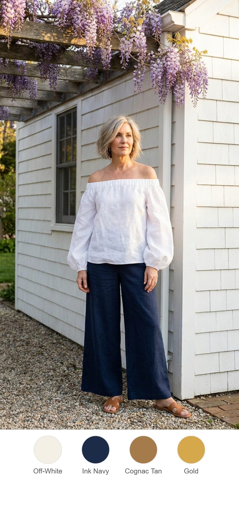 Wisteria Cottage in an Off-Shoulder Blouse and Navy Palazzos