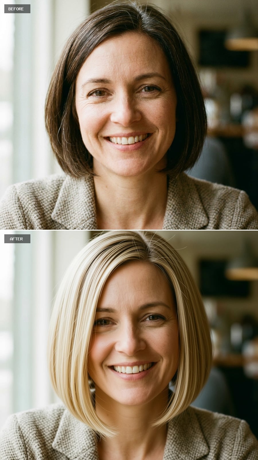 Blonde Highlights and a Blunt Bob Quietly Rerouted Her Entire Face Shape